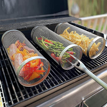Rolling Grilling Basket Metal BBQ Barbecue Basket Net Portable Outdoor Camping Barbecue Rack Kitchen Gadgets - Here2Save