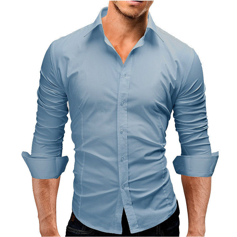 Camisa formal simple de color sólido de manga larga ajustada para hombre