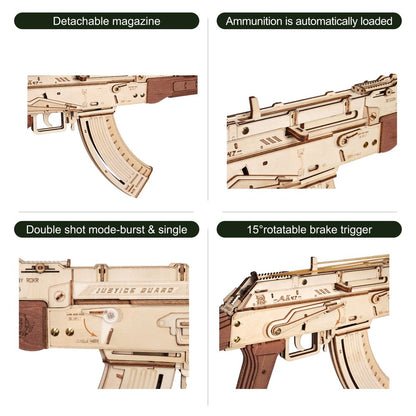 Robotime Rokr Automatic Rifle AK-47 3D Wooden Assembly Gun Double Firing Modes Funny DIY Toys For Kids Adults Justice Guar LQ901 - Here2Save