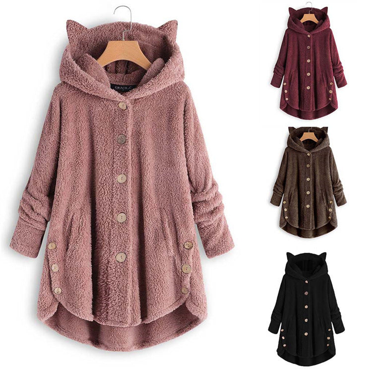 European and American button hooded cat ears plush top