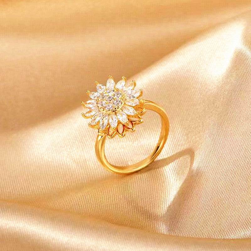 Rotating SUNFLOWER Full Diamond Sunflower Ring - Here2Save