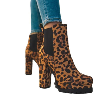 Botas hasta el tobillo con punta redonda, zapatos de tacón alto cuadrados gruesos con estampado de leopardo liso, moda informal para mujer, botas de fiesta de ante para otoño e invierno