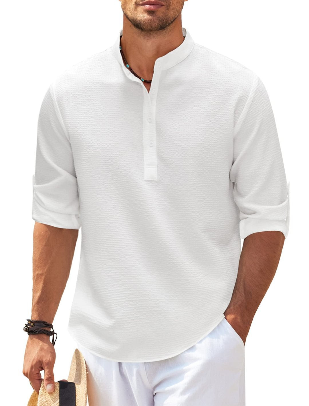 Camisa casual para hombre Camisa de color sólido con cuello alto de manga larga Ropa para hombre