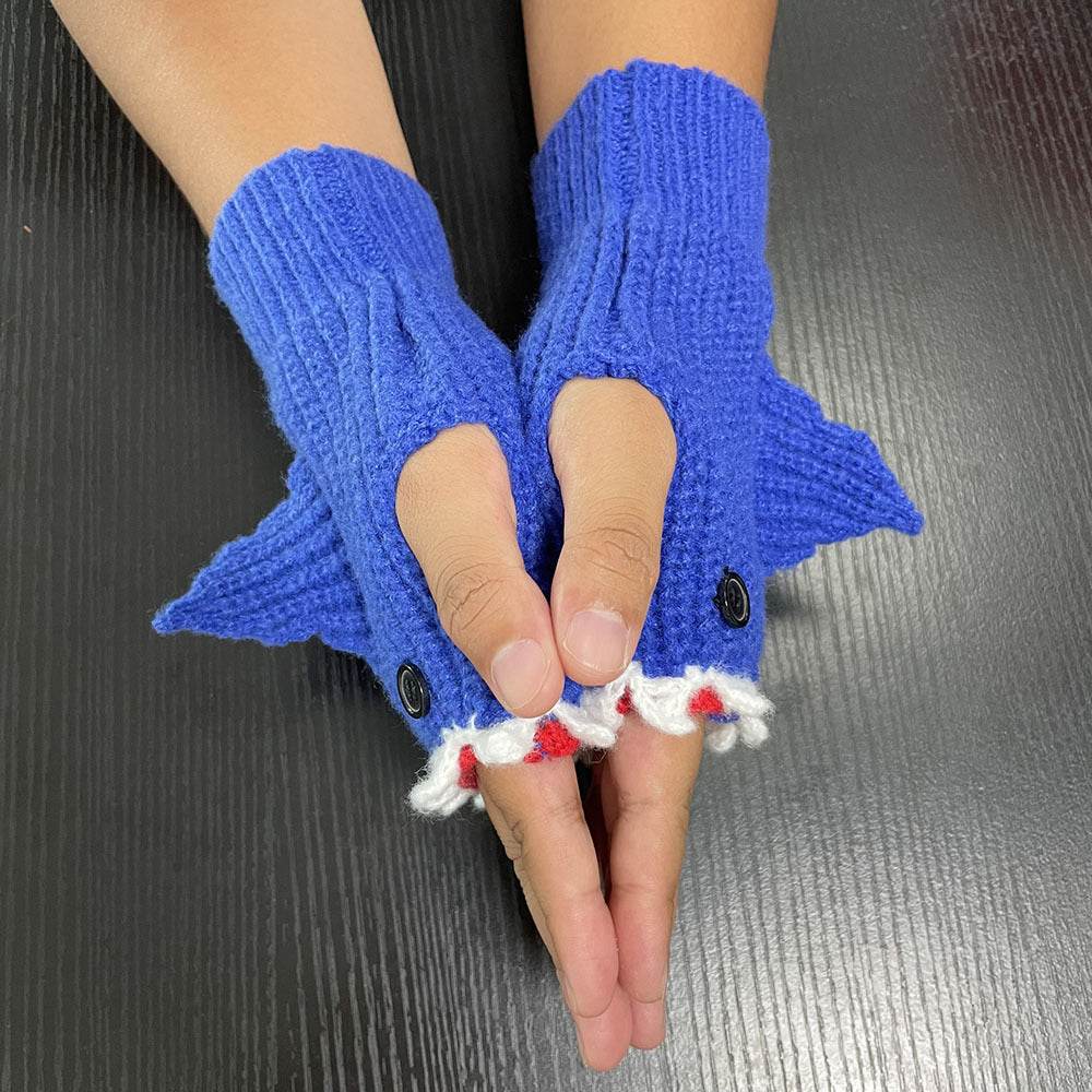 New Cartoon Grey Shark Warm Half Finger Knitted Gloves - Here2Save