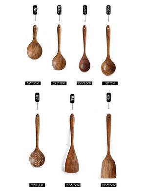 Thailand Teak Natural Wood Tableware Spoon Ladle Turner Long Rice Colander Soup Skimmer Cooking Spoons Scoop Kitchen Tool Set - Here2Save