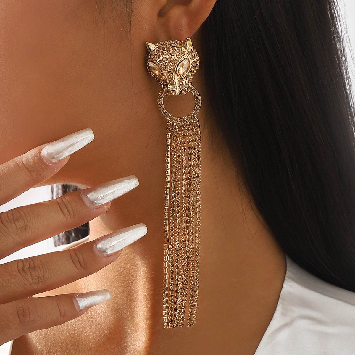 Personalized Leopard Head Earrings With Tassel Rhinestones Trendy Fashion Jewelry Luxury Long Earrings For Women - Here2Save