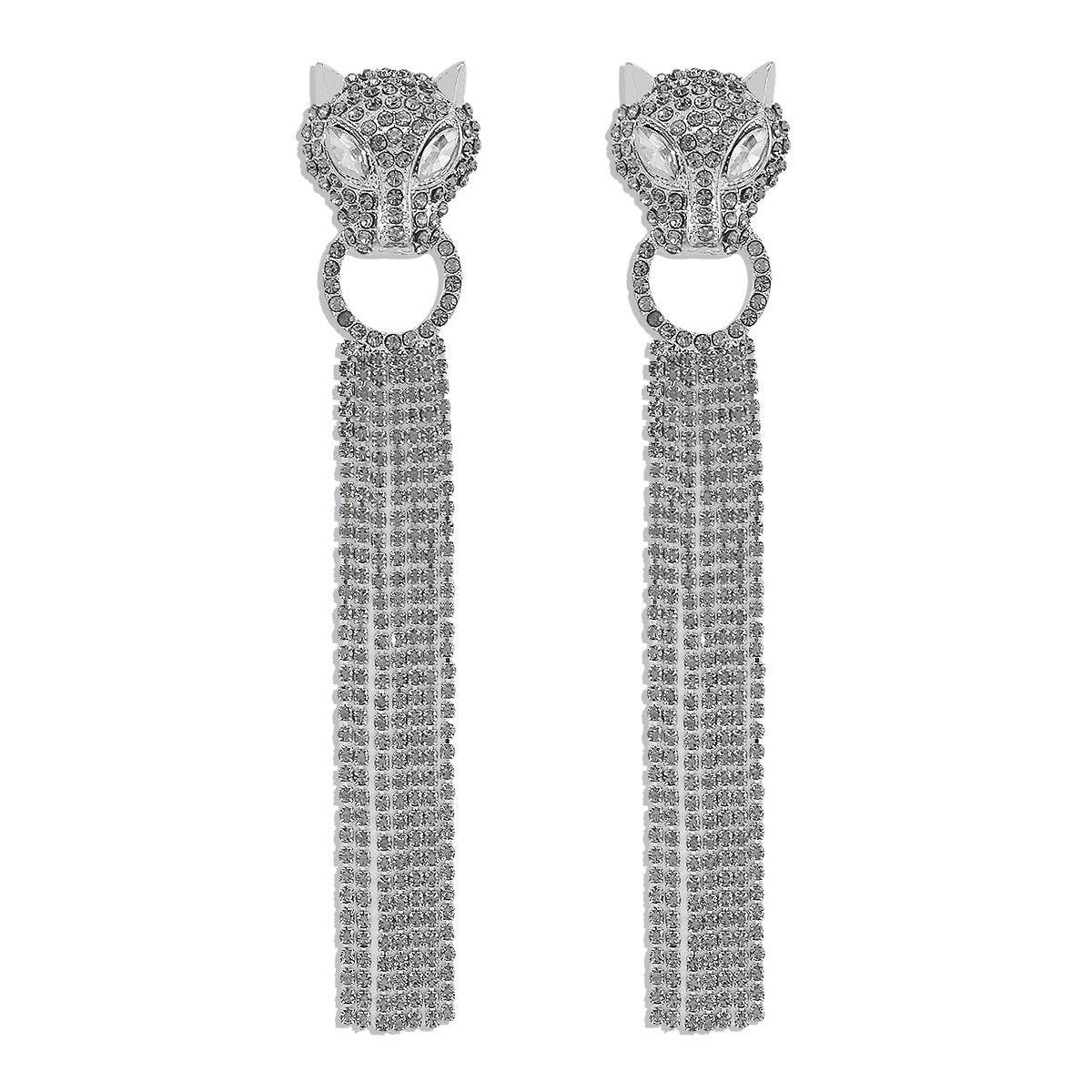 Personalized Leopard Head Earrings With Tassel Rhinestones Trendy Fashion Jewelry Luxury Long Earrings For Women - Here2Save
