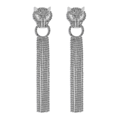 Personalized Leopard Head Earrings With Tassel Rhinestones Trendy Fashion Jewelry Luxury Long Earrings For Women - Here2Save