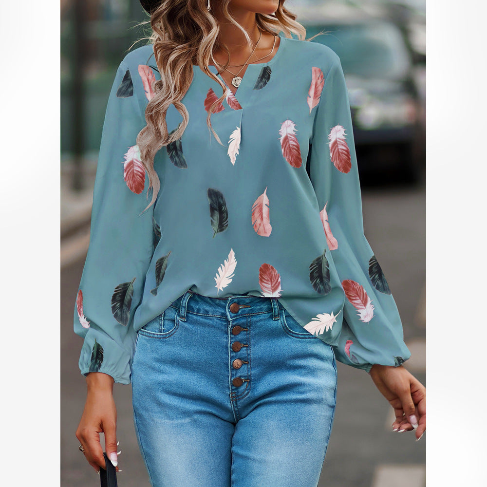 Polo con estampado de plumas Camisa de manga larga tipo farol Cuello vuelto Tops con botonadura Ropa