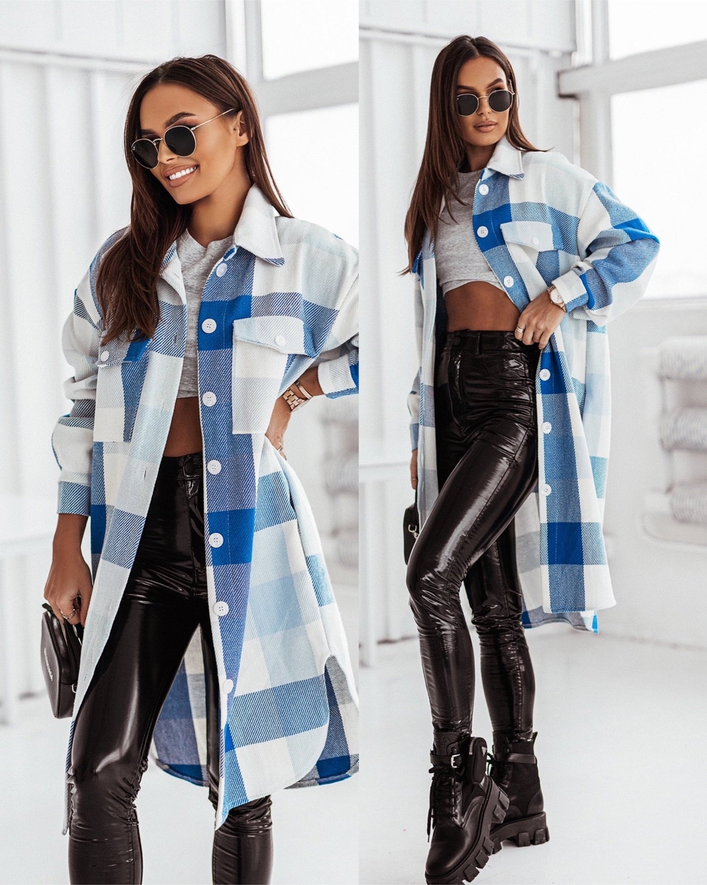 Women's Fashion Long Sleeve Color Plaid Brushed Woolen Long Coat