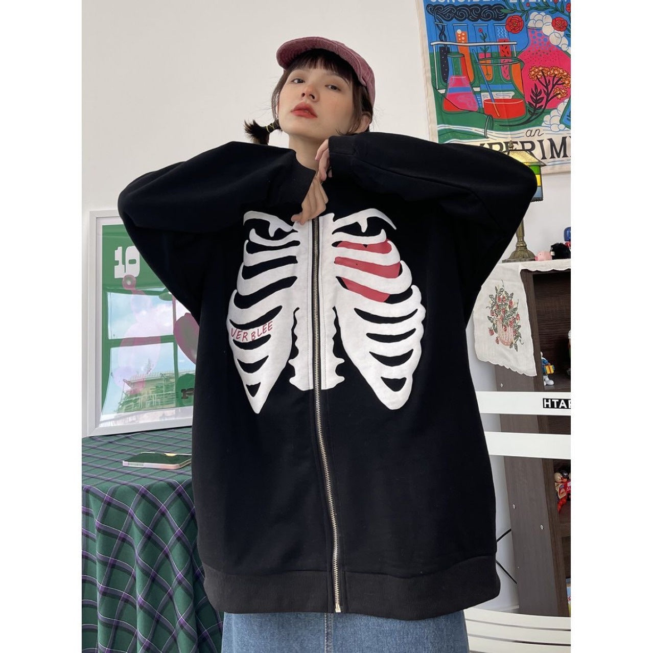 Women's Hooded Sweater Loose Bf Tide Brand Skull Love Cardigan Jacket Tide