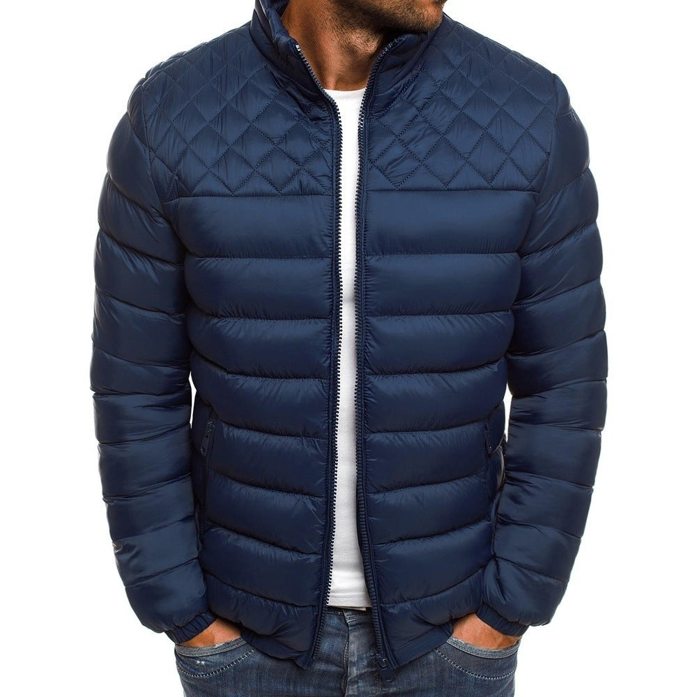 Abrigo de invierno para hombre, chaqueta con cuello levantado de Color sólido, abrigo de diseño de costura con rombos a la moda, ropa de negocios informal