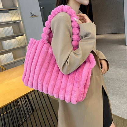 Bolso de felpa de diseño a rayas, bolsos de hombro a la moda para invierno, bolsos peludos de gran capacidad, bolso de compras bonito portátil