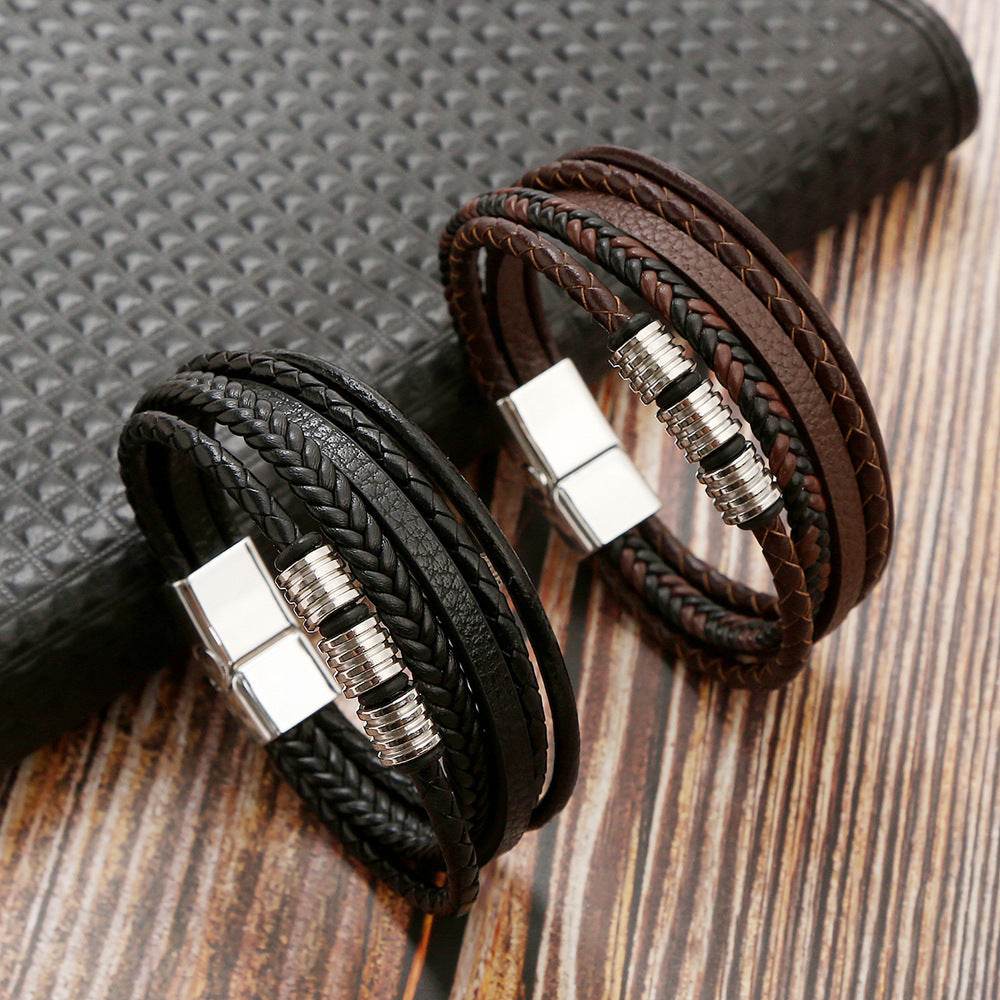 Stainless Steel Men's Leather Magnetic Buckle Woven Bracelet - Here2Save