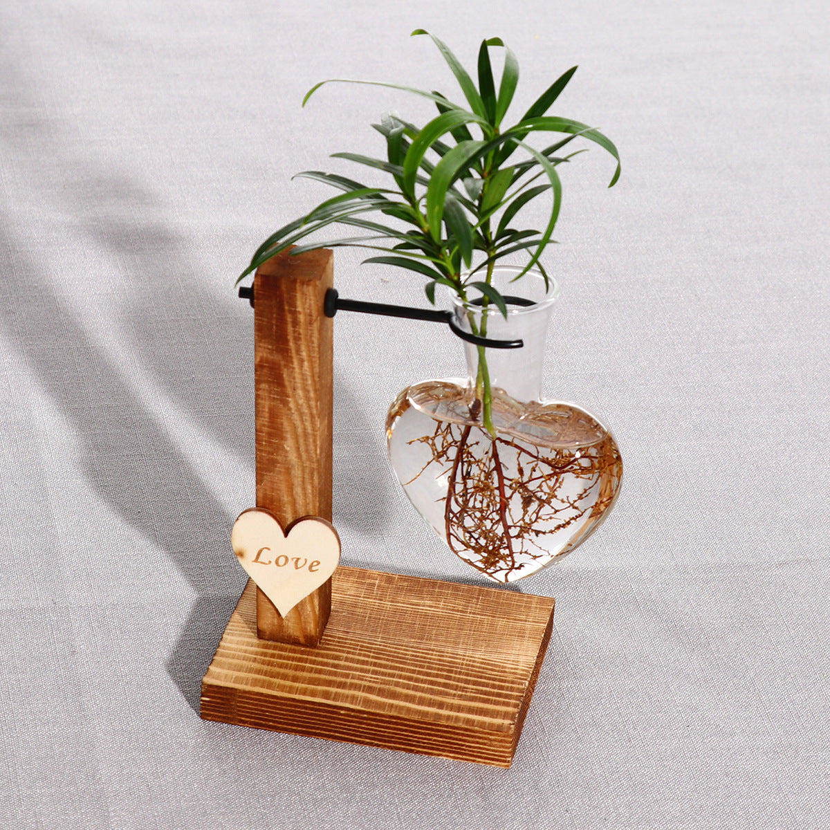 Terrario florero hidropónico de vidrio transparente con forma de corazón de amor, soporte de madera, decoración de mesa de vidrio, florero de planta