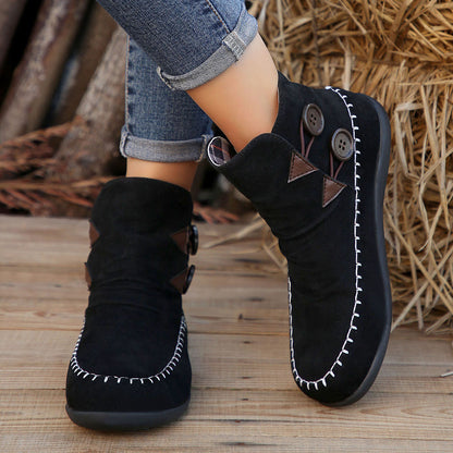 Button Design Ankle Boots For Women Autumn And Winter New Style Flat Boots With Stitching Fashion Solid Round Toe Short Shoes