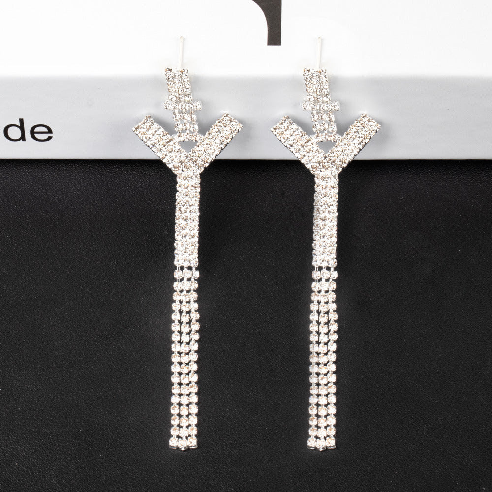 Fashion Jewelry 925 Silver Needle Ornaments Rhinestone Letter B Earrings Banquet Tassel Ear Ornaments Female