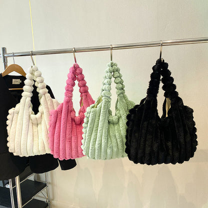 Bolso de felpa de diseño a rayas, bolsos de hombro a la moda para invierno, bolsos peludos de gran capacidad, bolso de compras bonito portátil