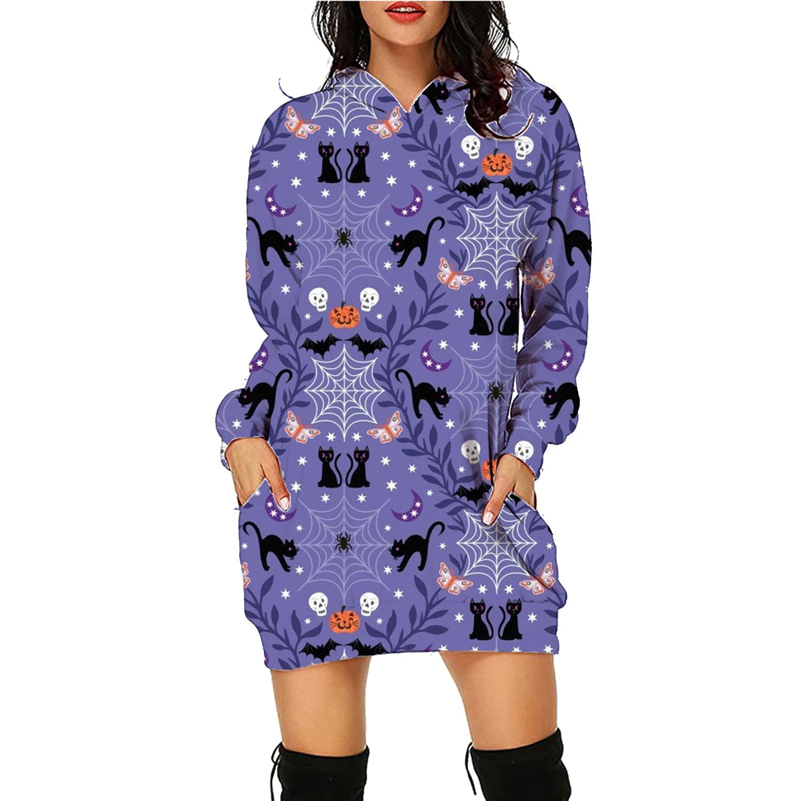 Halloween Print Long Hoodie With Pockets Sweater Long Sleeve Clothes Women - Here2Save