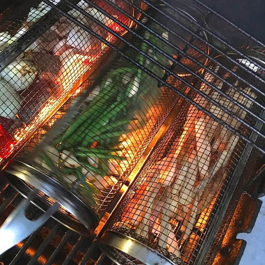 Rolling Grilling Basket Metal BBQ Barbecue Basket Net Portable Outdoor Camping Barbecue Rack Kitchen Gadgets - Here2Save