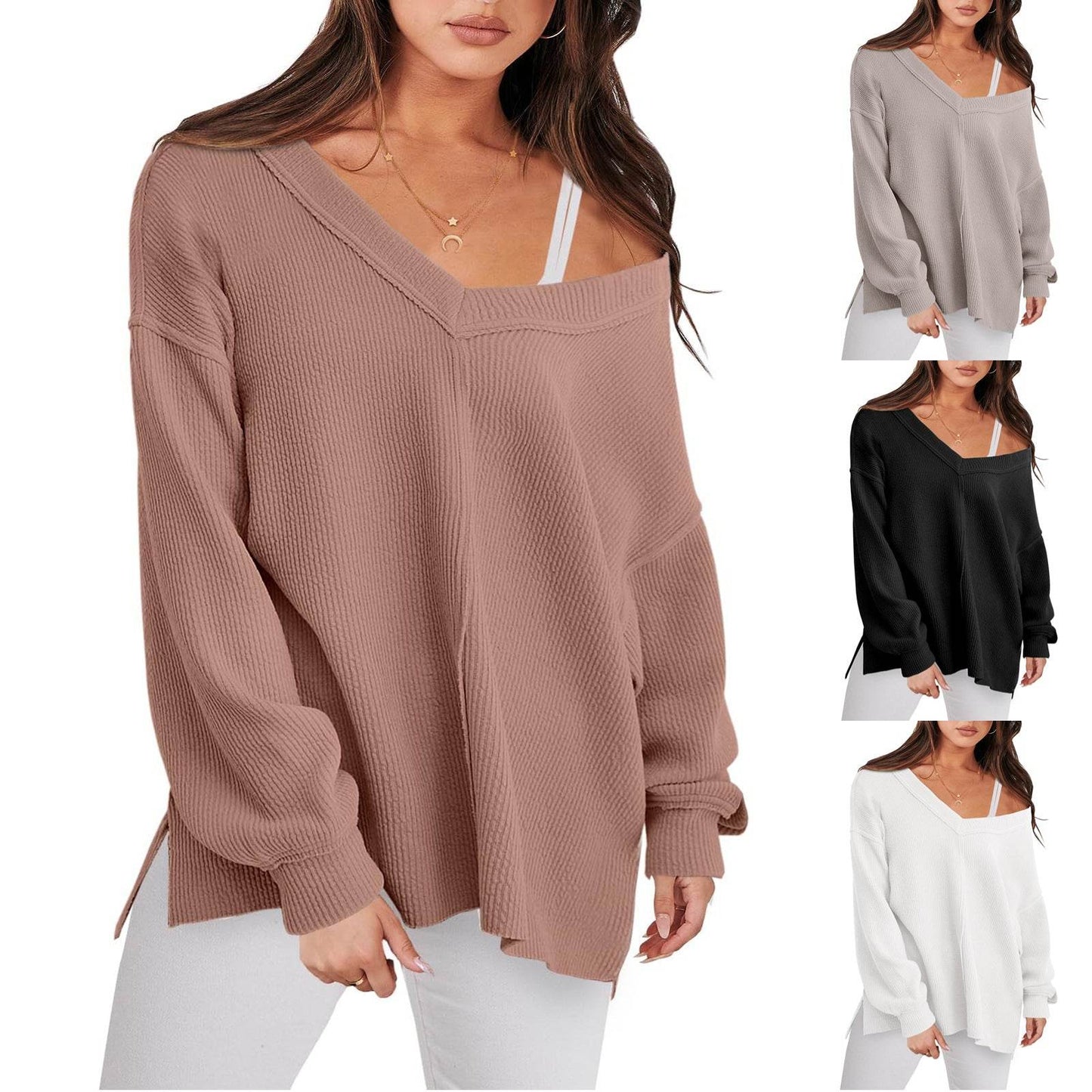 Fashion Lightweight V-neck Sweaters Women Winter Casual Long Sleeve Ribbed Knit Side Slit Pullover Top - Here2Save