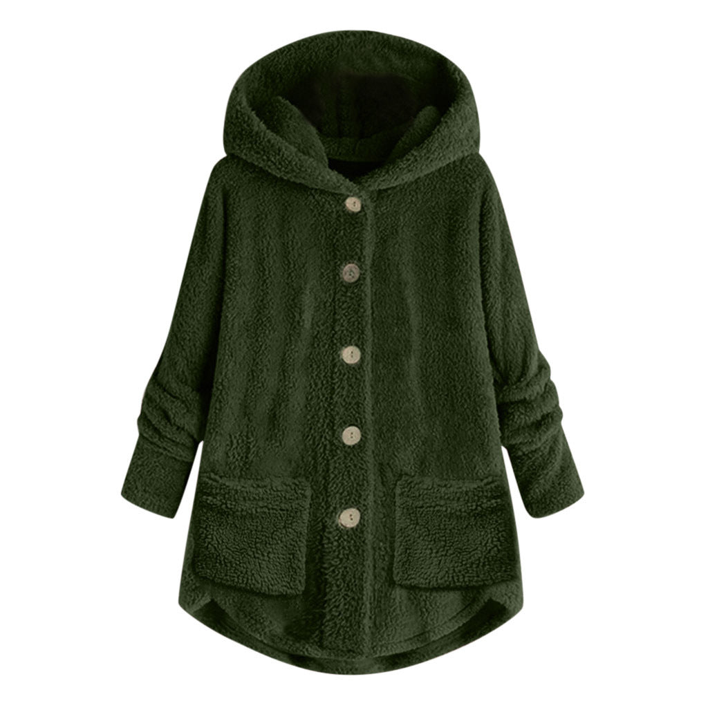 Buttoned Irregular Hooded Plush Top