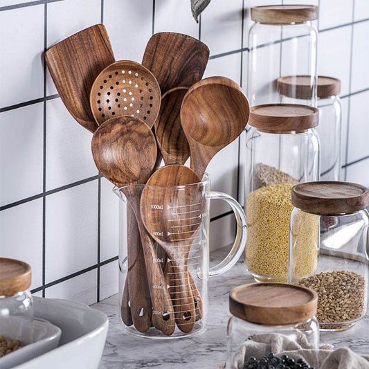 Thailand Teak Natural Wood Tableware Spoon Ladle Turner Long Rice Colander Soup Skimmer Cooking Spoons Scoop Kitchen Tool Set - Here2Save
