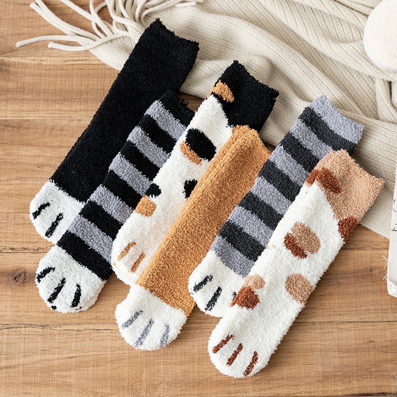 Women's Coral Fleece Cat Paw Pattern Kawaii Thick Warm Socks