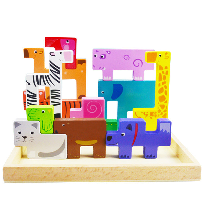 Wooden animal building block toys puzzle for children