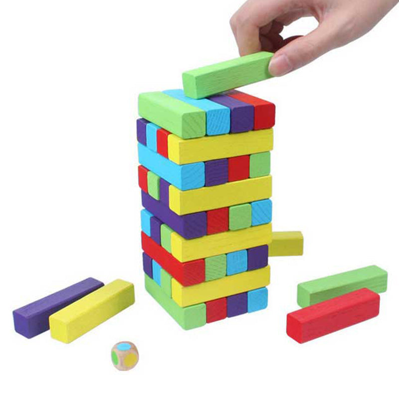 Colorful stacked high puzzle pumping wooden blocks