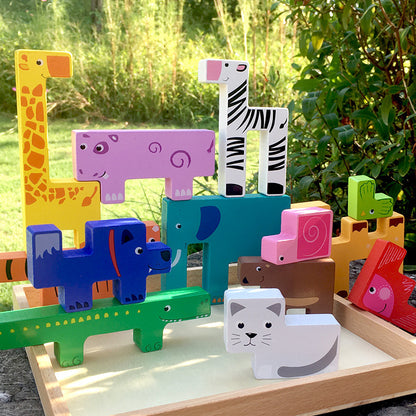 Wooden animal building block toys puzzle for children