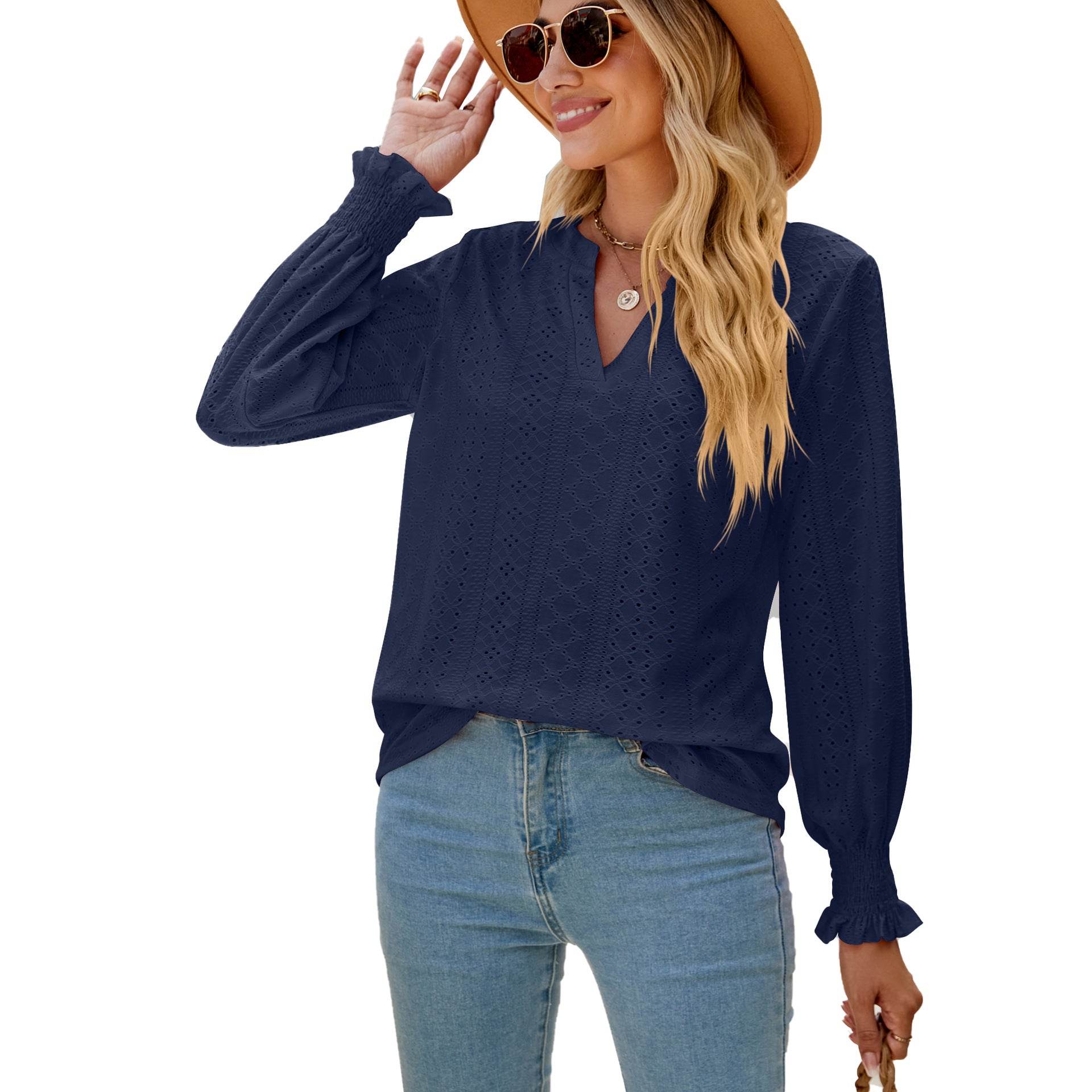Solid Color Hollow-out Pleated Ruffle Shirts Sleeve V-neck Loose Long Sleeve Tops Women - Here2Save