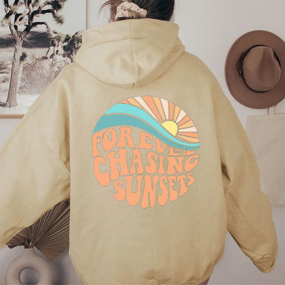 Sudadera con capucha con cordón y bolsillo canguro con estampado de puesta de sol y forro polar