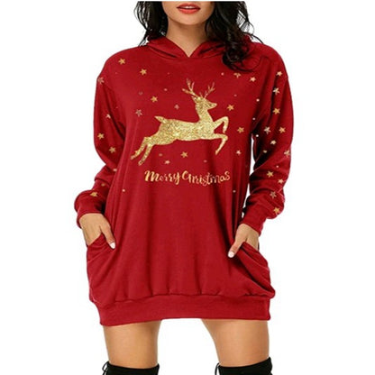 Christmas hot sale printed mid-length pocket hooded long-sleeved sweater