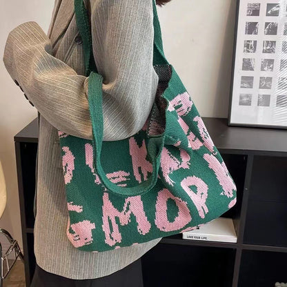 Bolso de punto con estampado de letras, bolso bandolera para compras a la moda, bolso de gran capacidad