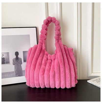 Bolso de felpa de diseño a rayas, bolsos de hombro a la moda para invierno, bolsos peludos de gran capacidad, bolso de compras bonito portátil