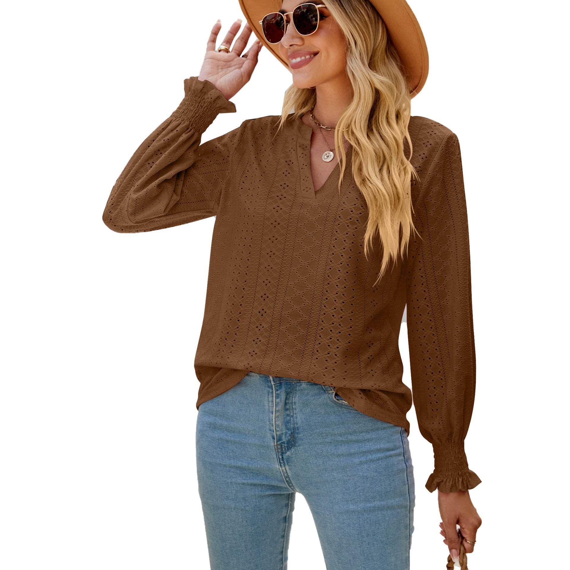Solid Color Hollow-out Pleated Ruffle Shirts Sleeve V-neck Loose Long Sleeve Tops Women - Here2Save
