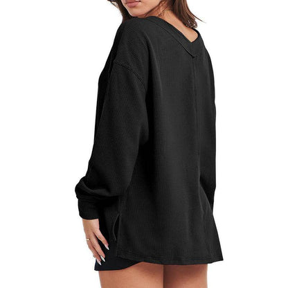 Fashion Lightweight V-neck Sweaters Women Winter Casual Long Sleeve Ribbed Knit Side Slit Pullover Top - Here2Save