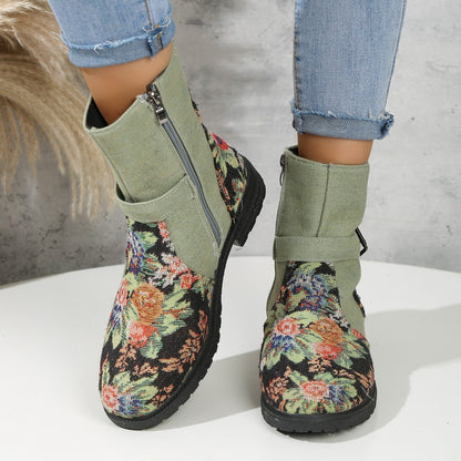 Botines con estampado de flores para mujer, botas de vaquero de tacón grueso con hebilla de cinturón Retro y cremallera lateral, zapatos de punta redonda para otoño e invierno