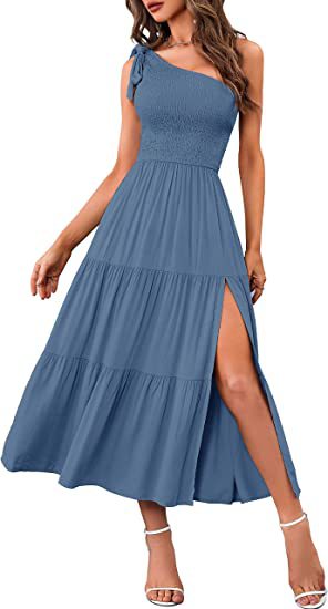 New Summer Fashion Women's One-shoulder Pleated Layered Hem Split Dress - Here2Save