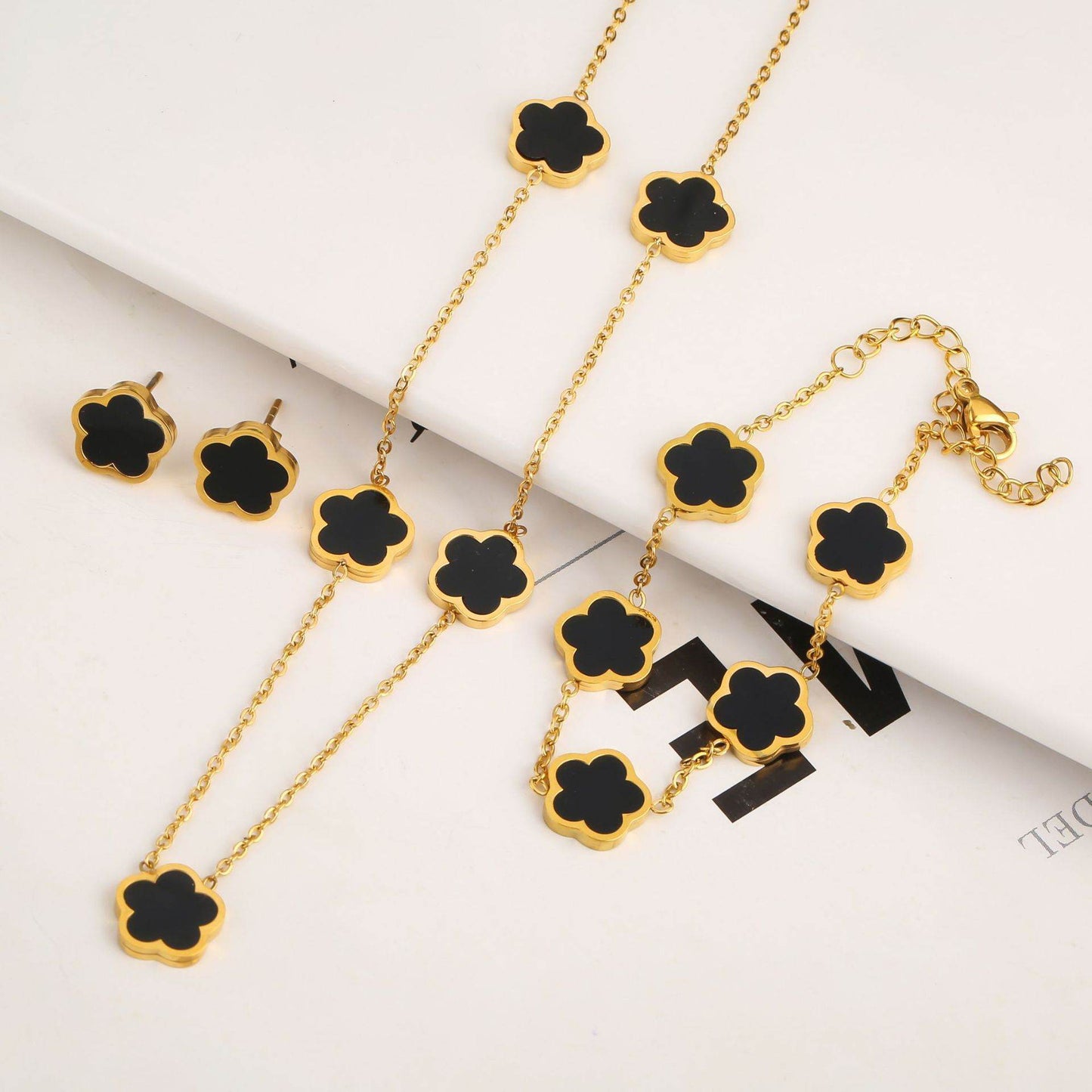 New Stainless Steel Plant Fritillary Five Leaf Petals Earring Bracelet Necklace Jewelry Set Women Cross-border Hot Selling Lot - Here2Save