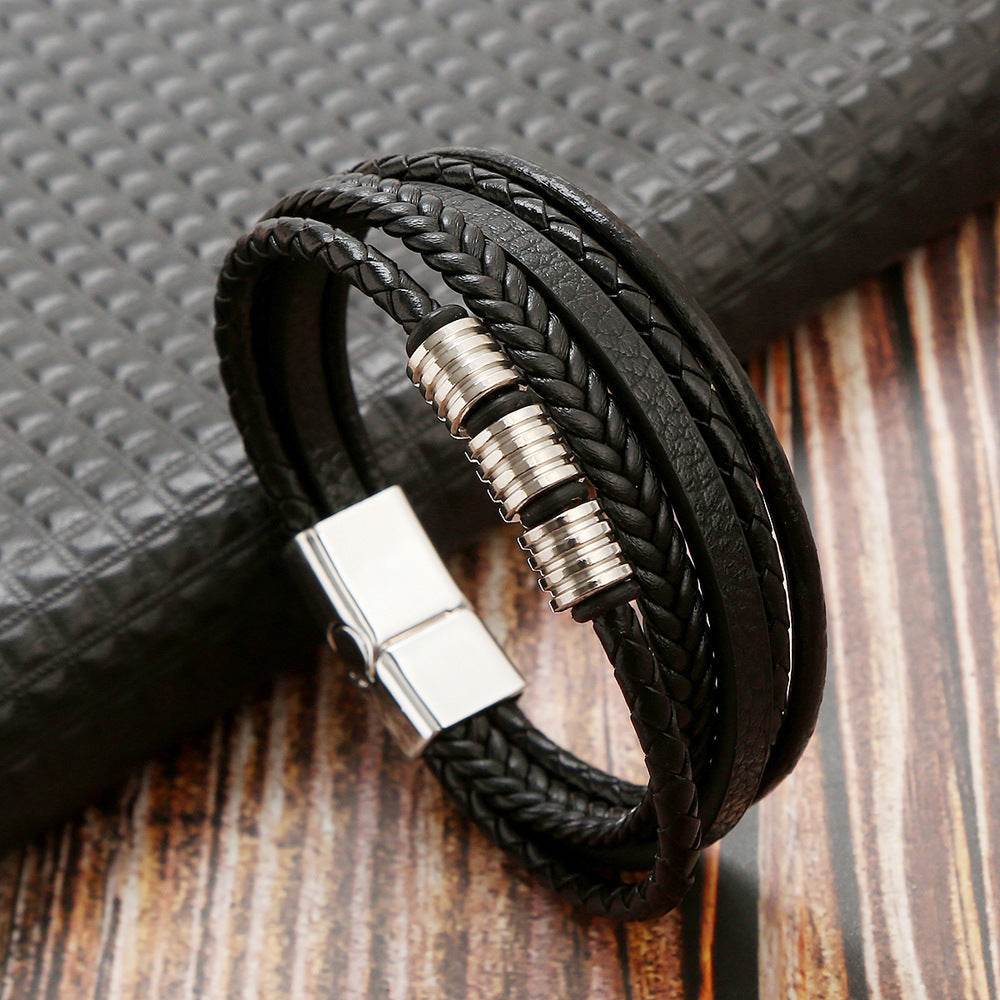 Stainless Steel Men's Leather Magnetic Buckle Woven Bracelet - Here2Save