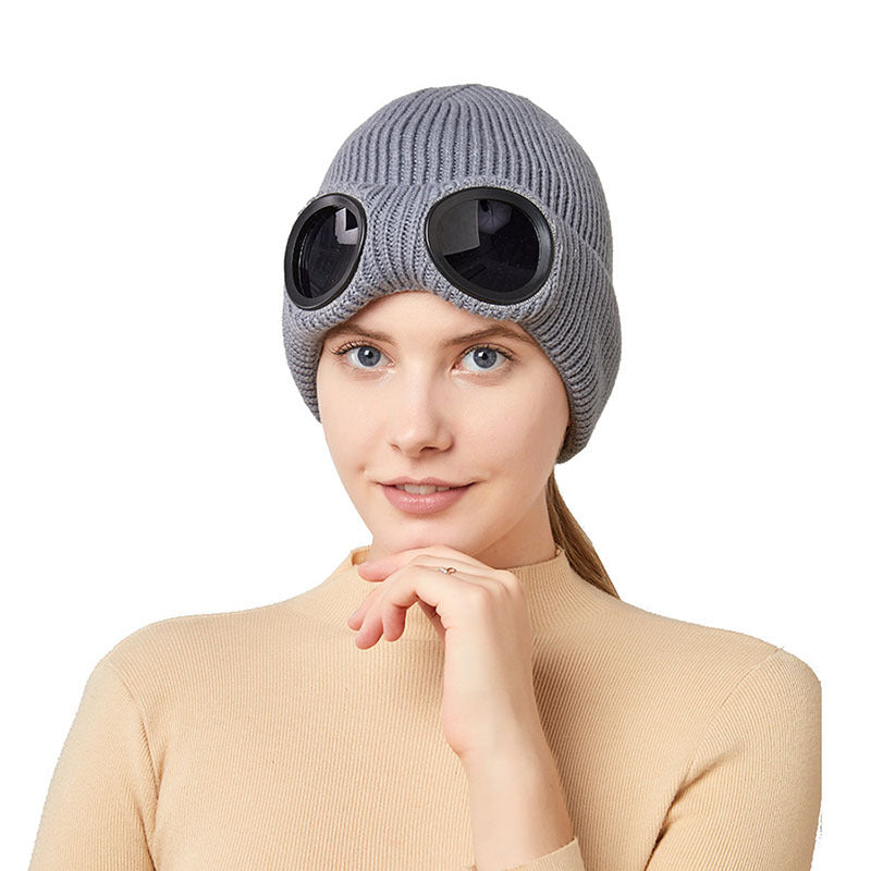 Warm Knitted Woolen Hats With Windproof Glasses Autumn And Winter For Men And Women Ear Protection Cap