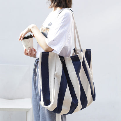 Striped Canvas Bags High Capacity Shoulder Bags For Women Fashion Shopper Handbags Casual Shopping Totes