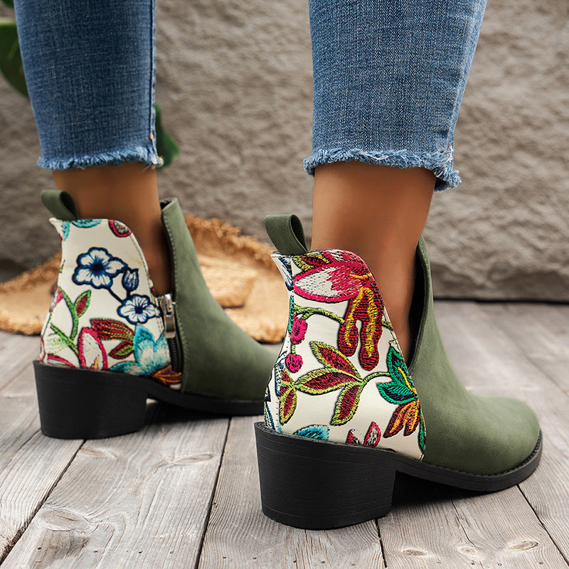 Botines con estampado de flores, zapatos de tacón cuadrado con corte en V y cremallera lateral a la moda para Otoño e Invierno, botas con punta puntiaguda para mujer