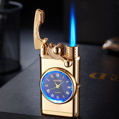 New Lighter With Electric Watch Rocker Arm Automatic Ignition Straight Blue Flame Lighter Creative Real Dial Inflatable Windproof Lighter Men's Watch Gift - Here2Save