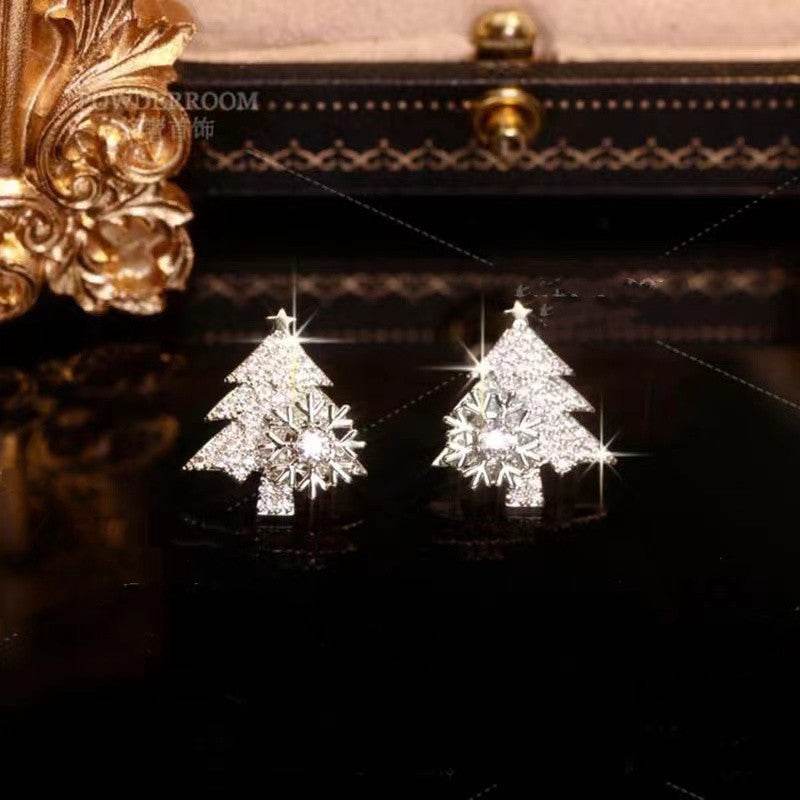 Rotatable Christmas Tree Earrings Shiny Rhinestone Snowflake Stud Earring New Year Xmas Festival Ear Jewelry Gifts Autumn And Winter - Here2Save