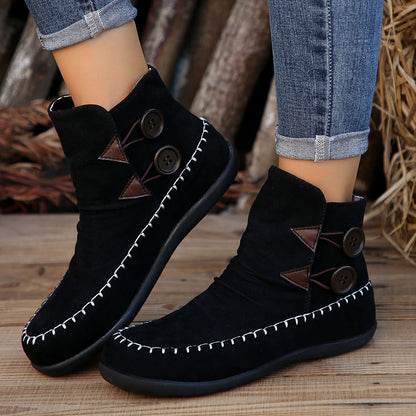 Button Design Ankle Boots For Women Autumn And Winter New Style Flat Boots With Stitching Fashion Solid Round Toe Short Shoes