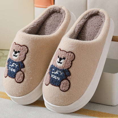 Preciosas zapatillas de lana de oso de dibujos animados para mujer, zapatillas de casa antideslizantes de suela gruesa de invierno para interiores, zapatos de casa cálidos y transpirables para el suelo del dormitorio