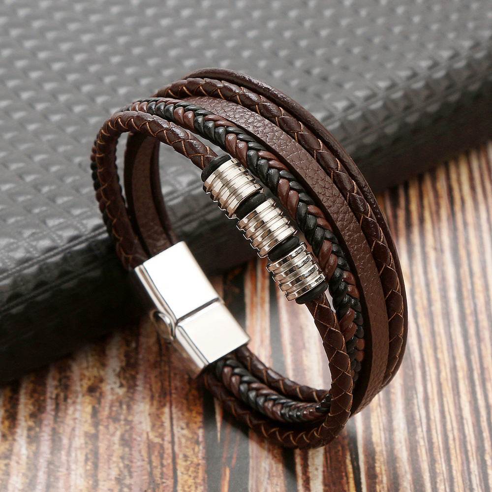 Stainless Steel Men's Leather Magnetic Buckle Woven Bracelet - Here2Save